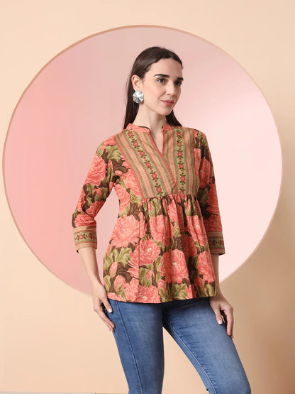 Yufta Peach Pure Cotton Gathered Or Pleated Top - Distacart