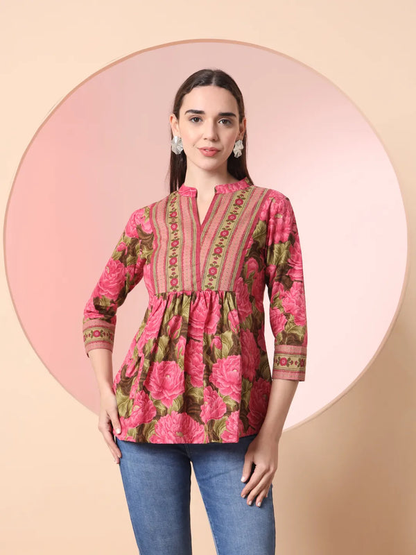 Yufta Pink Pure Cotton Gathered Or Pleated Top - Distacart