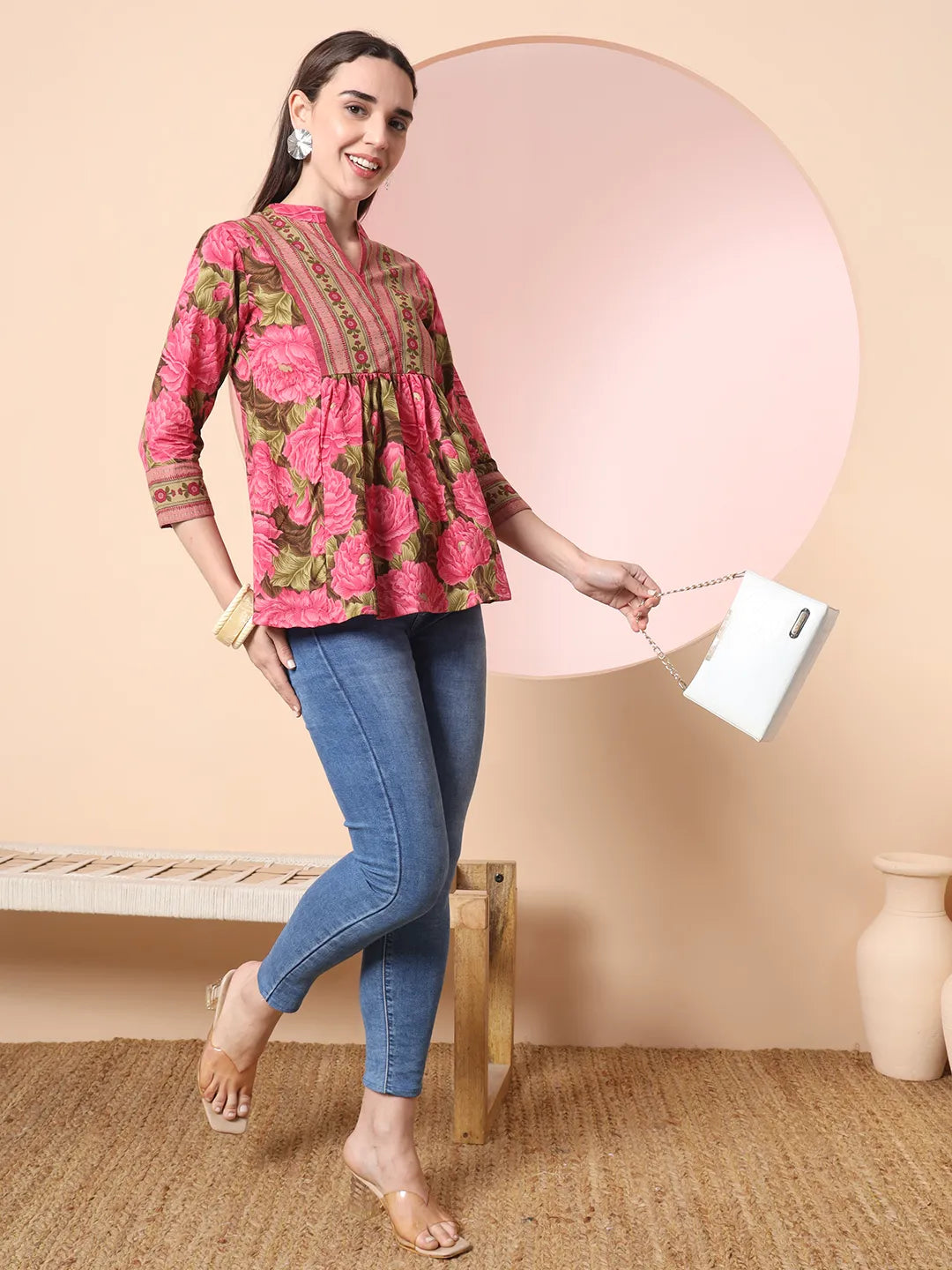 Yufta Pink Pure Cotton Gathered Or Pleated Top - Distacart