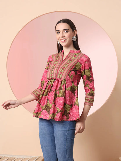 Yufta Pink Pure Cotton Gathered Or Pleated Top - Distacart