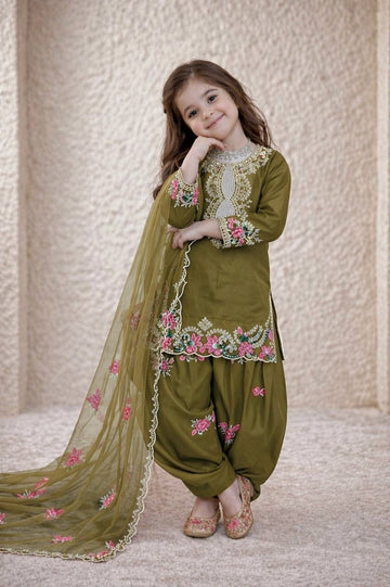 Evanik Green Designer Party Wear Heavy Natural Crepe Kids Patiala Set - Dista