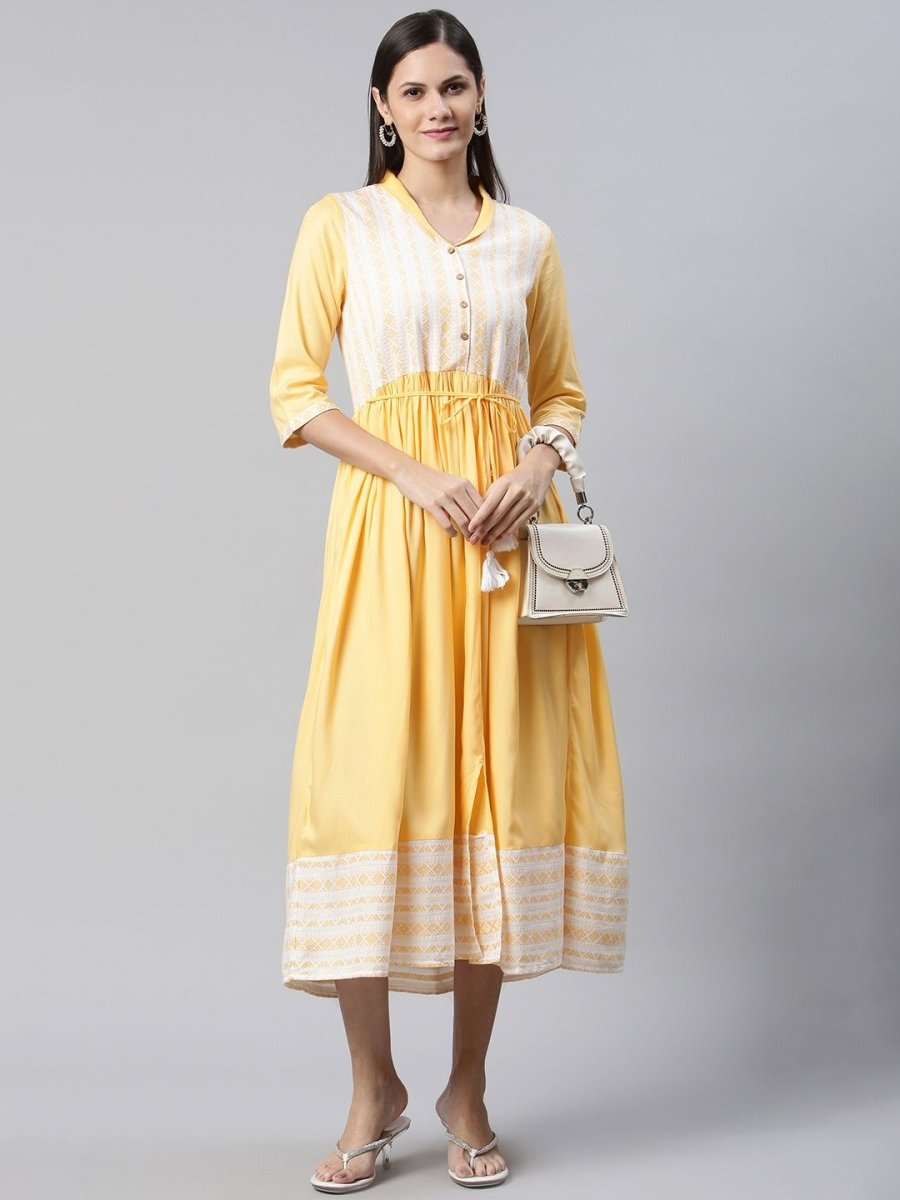 AURELIA Yellow & White Yoke Design Cotton Maxi Ethnic Dress