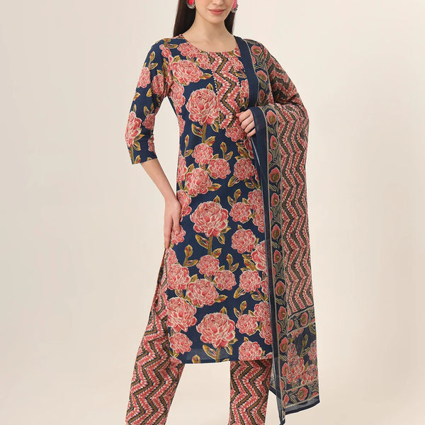 Yufta Blue Pure Cotton Straight Kurta Pants Dupatta Set - Distacart