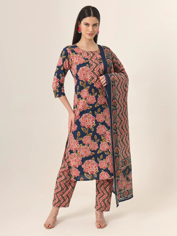 Yufta Blue Pure Cotton Straight Kurta Pants Dupatta Set