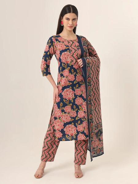 Yufta Blue Pure Cotton Straight Kurta Pants Dupatta Set