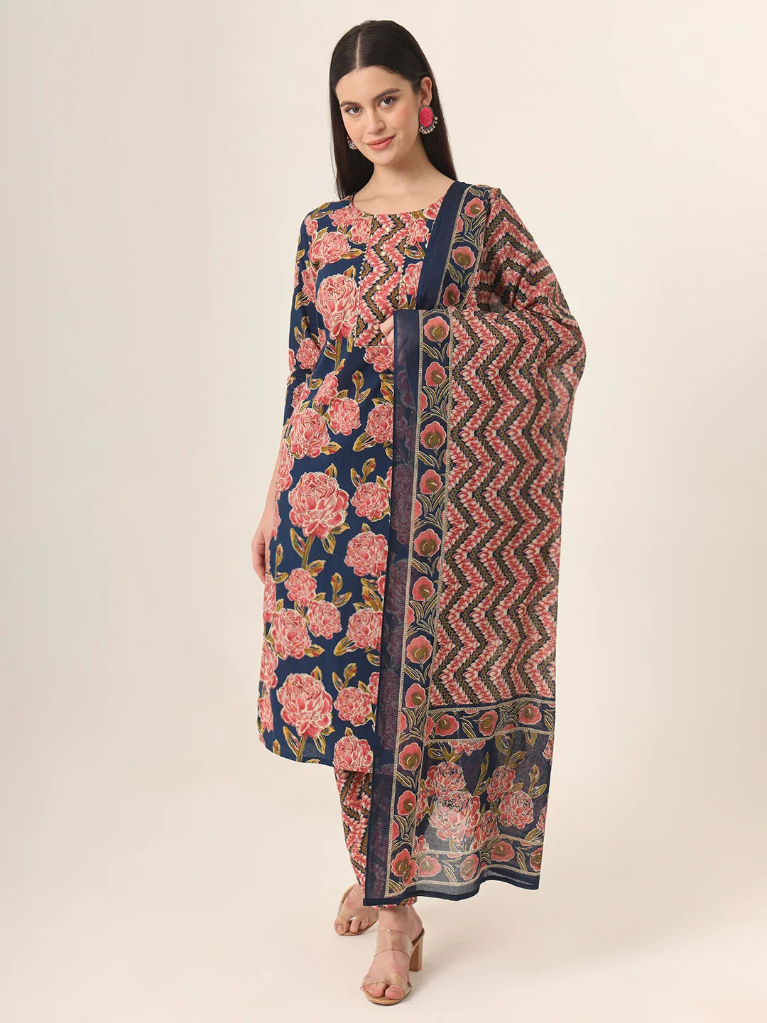 Yufta Blue Pure Cotton Straight Kurta Pants Dupatta Set - Distacart