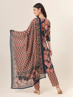 Thumbnail for Yufta Blue Pure Cotton Straight Kurta Pants Dupatta Set