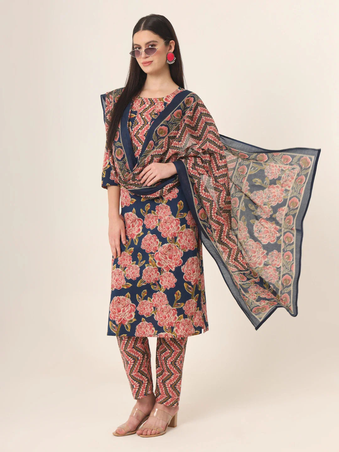 Yufta Blue Pure Cotton Straight Kurta Pants Dupatta Set