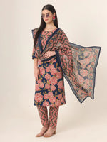 Thumbnail for Yufta Blue Pure Cotton Straight Kurta Pants Dupatta Set