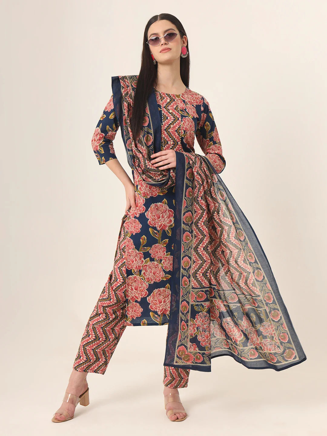 Yufta Blue Pure Cotton Straight Kurta Pants Dupatta Set