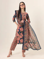 Thumbnail for Yufta Blue Pure Cotton Straight Kurta Pants Dupatta Set