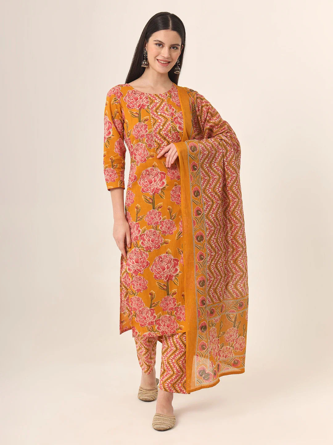 Yufta Mustard Pure Cotton Straight Kurta Pants Dupatta Set - Distacart