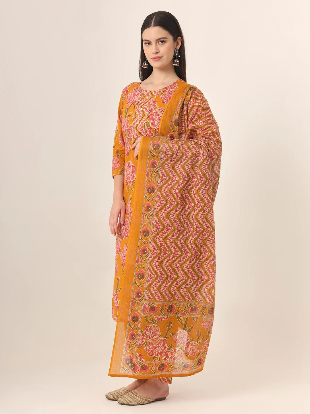 Yufta Mustard Pure Cotton Straight Kurta Pants Dupatta Set - Distacart