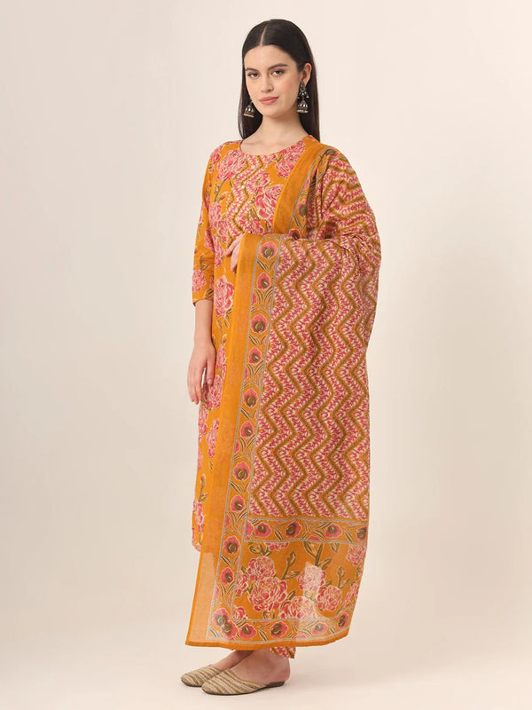 Yufta Mustard Pure Cotton Straight Kurta Pants Dupatta Set