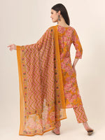 Thumbnail for Yufta Mustard Pure Cotton Straight Kurta Pants Dupatta Set