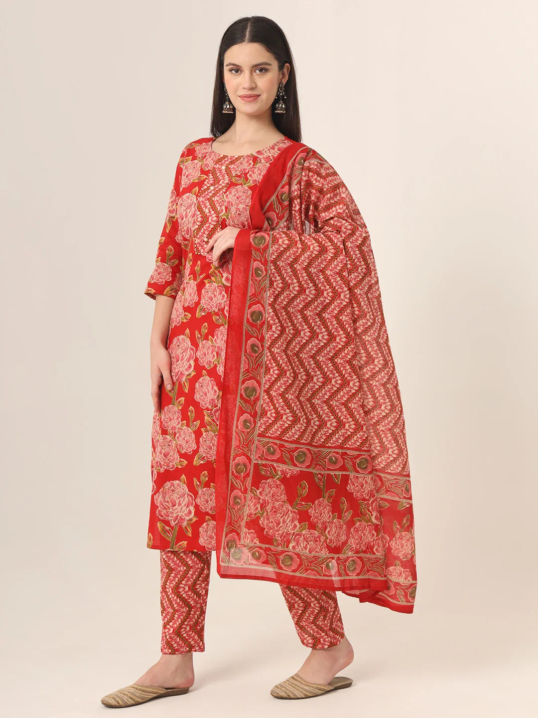 Yufta Red Pure Cotton Straight Kurta Pants Dupatta Set
