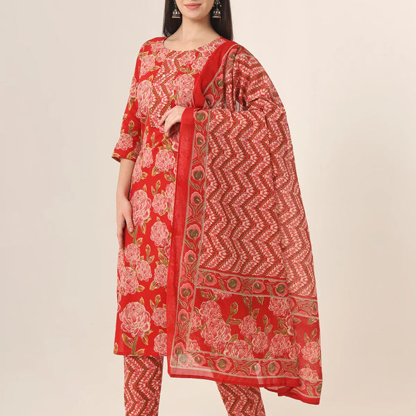 Yufta Red Pure Cotton Straight Kurta Pants Dupatta Set - Distacart
