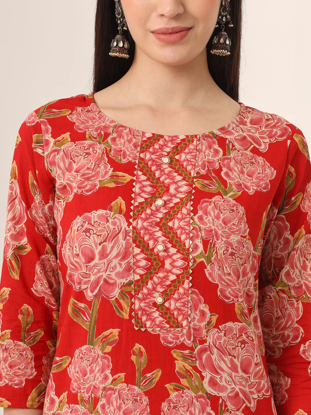 Yufta Red Pure Cotton Straight Kurta Pants Dupatta Set