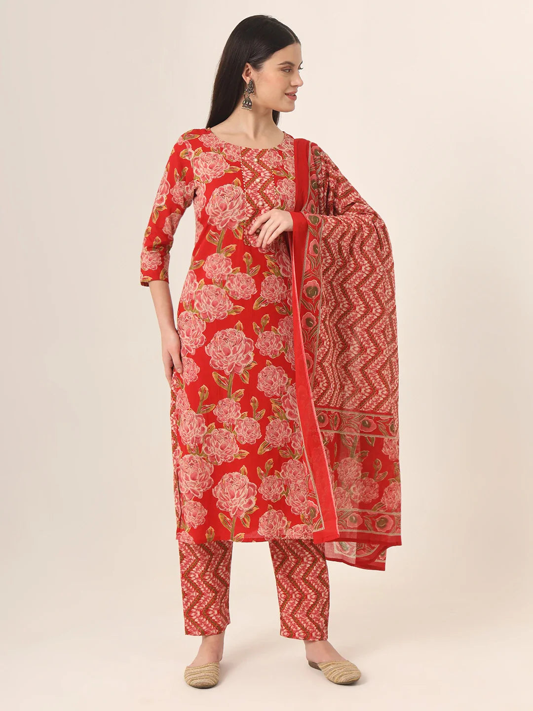 Yufta Red Pure Cotton Straight Kurta Pants Dupatta Set