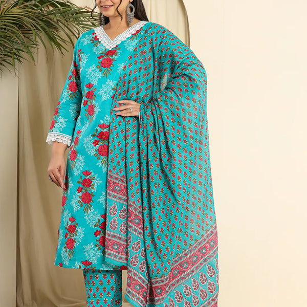 Yufta Pure Cotton Blue Kurta Dupatta Pant Set With Handwork - Distacart