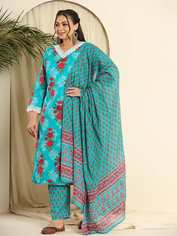Yufta Pure Cotton Blue Kurta Dupatta Pant Set With Handwork