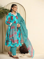 Thumbnail for Yufta Pure Cotton Blue Kurta Dupatta Pant Set With Handwork