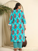Thumbnail for Yufta Pure Cotton Blue Kurta Dupatta Pant Set With Handwork
