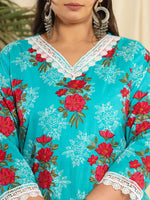 Thumbnail for Yufta Pure Cotton Blue Kurta Dupatta Pant Set With Handwork