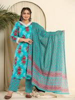 Thumbnail for Yufta Pure Cotton Blue Kurta Dupatta Pant Set With Handwork
