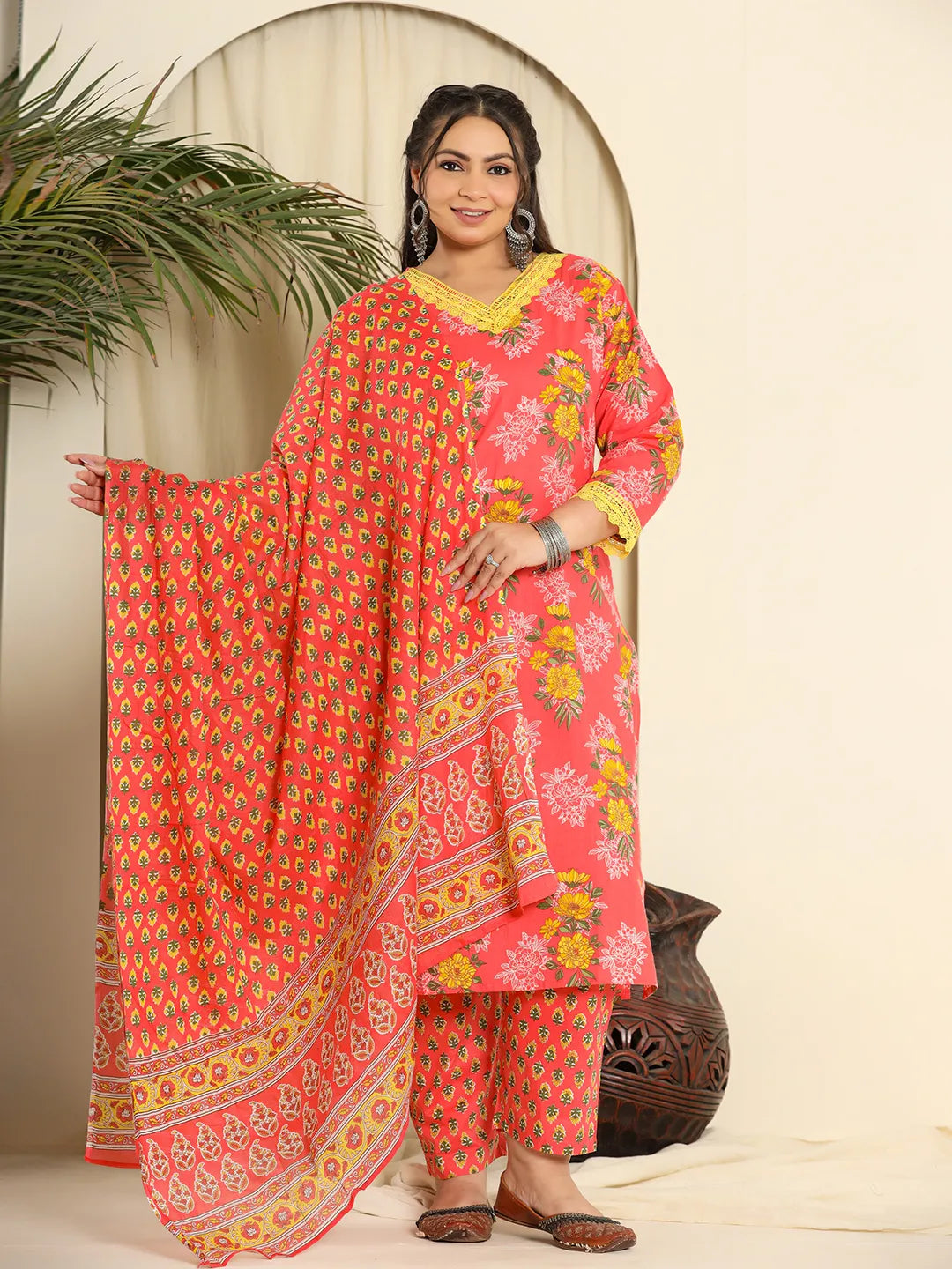 Yufta Pure Cotton Pink Kurta Dupatta Pant Set With Handwork - Distacart