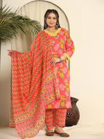 Thumbnail for Yufta Pure Cotton Pink Kurta Dupatta Pant Set With Handwork