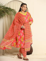 Thumbnail for Yufta Pure Cotton Pink Kurta Dupatta Pant Set With Handwork