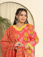 Thumbnail for Yufta Pure Cotton Pink Kurta Dupatta Pant Set With Handwork