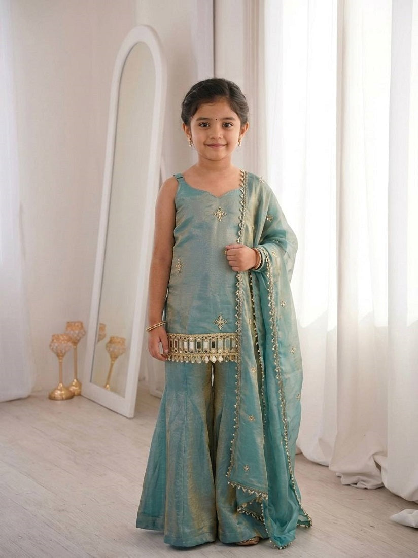 Evanik Green Seagreen Embroidered Fendy Silk Kids Sharara Set - Dista