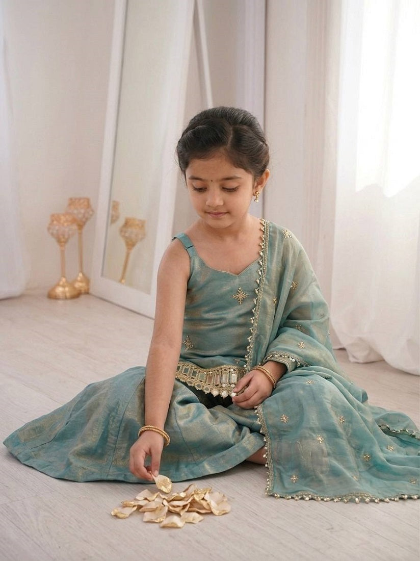 Evanik Green Seagreen Embroidered Fendy Silk Kids Sharara Set - Dista