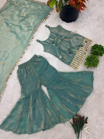 Thumbnail for Evanik Green Seagreen Embroidered Fendy Silk Kids Sharara Set - Dista