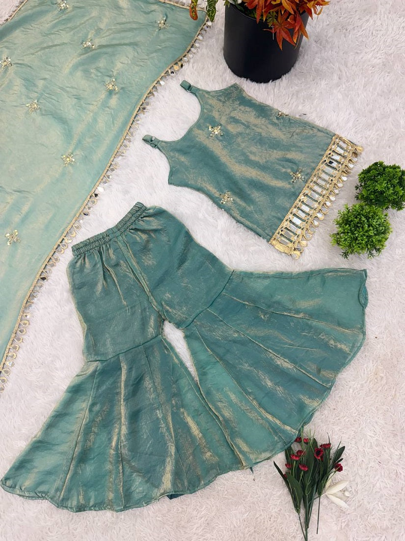 Evanik Green Seagreen Embroidered Fendy Silk Kids Sharara Set - Dista