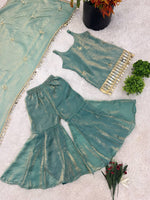 Thumbnail for Evanik Green Seagreen Embroidered Fendy Silk Kids Sharara Set - Dista