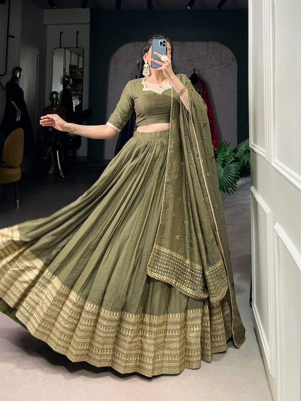 Pramukh Fab Olive Color Chanderi Lehenga Choli