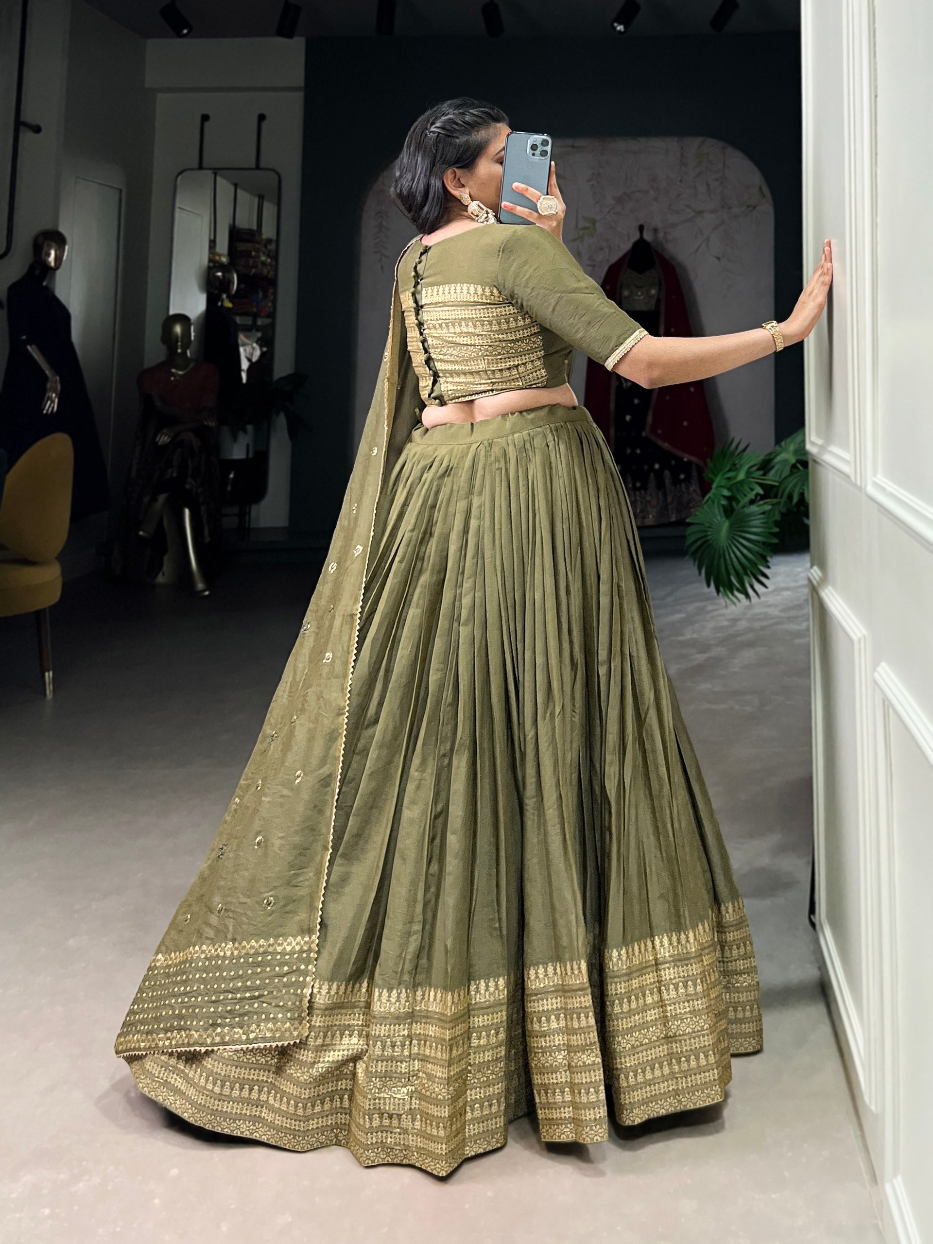 Pramukh Fab Olive Color Chanderi Lehenga Choli
