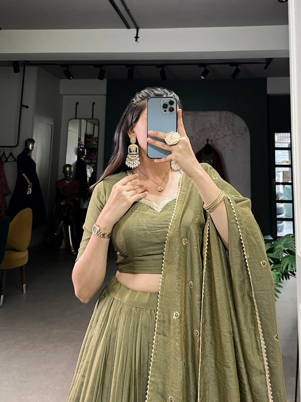 Pramukh Fab Olive Color Chanderi Lehenga Choli