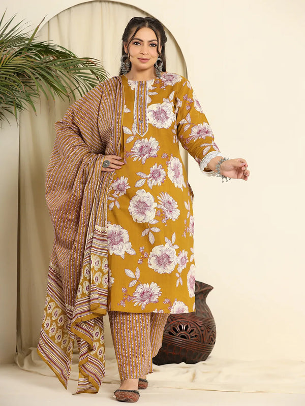 Yufta Mustard Pure Cotton Kurta Dupatta Pant Set With Handwork