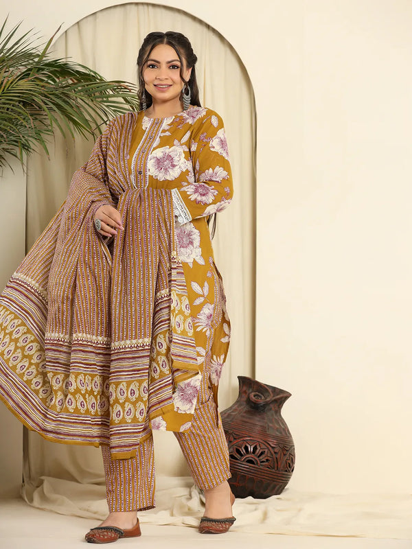 Yufta Mustard Pure Cotton Kurta Dupatta Pant Set With Handwork