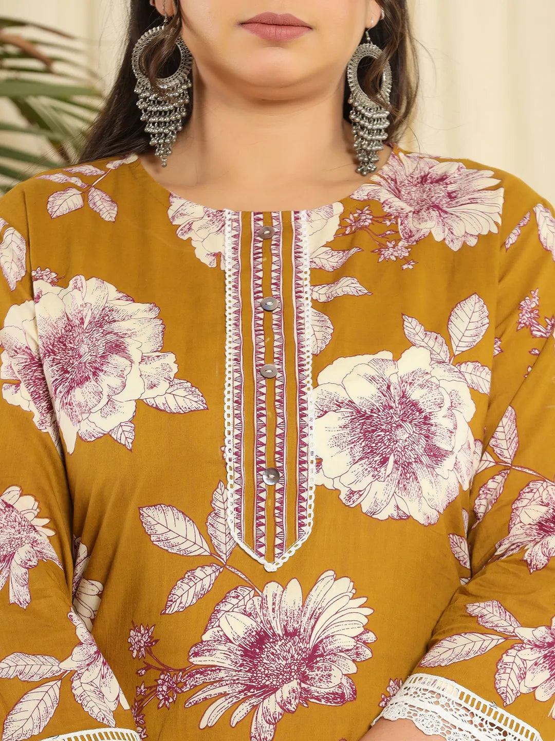 Yufta Mustard Pure Cotton Kurta Dupatta Pant Set With Handwork