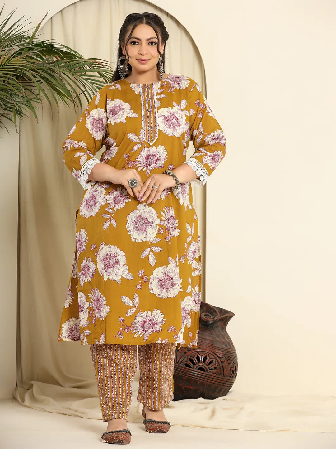 Yufta Mustard Pure Cotton Kurta Dupatta Pant Set With Handwork