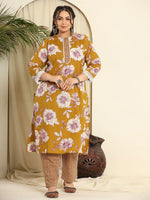 Thumbnail for Yufta Mustard Pure Cotton Kurta Dupatta Pant Set With Handwork