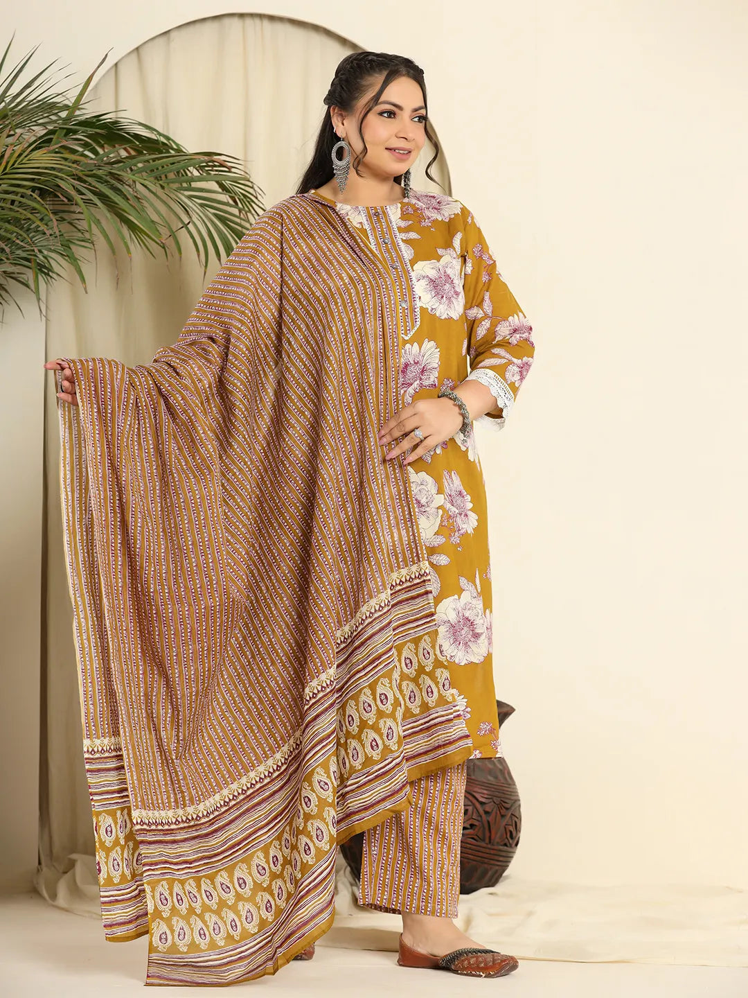 Yufta Mustard Pure Cotton Kurta Dupatta Pant Set With Handwork