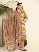Thumbnail for Yufta Mustard Pure Cotton Kurta Dupatta Pant Set With Handwork