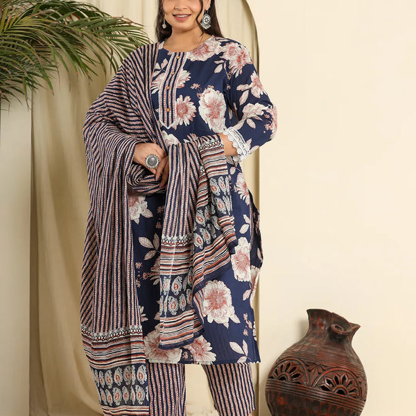 Yufta Navy Blue Pure Cotton Kurta Dupatta Pant Set With Handwork - Distacart