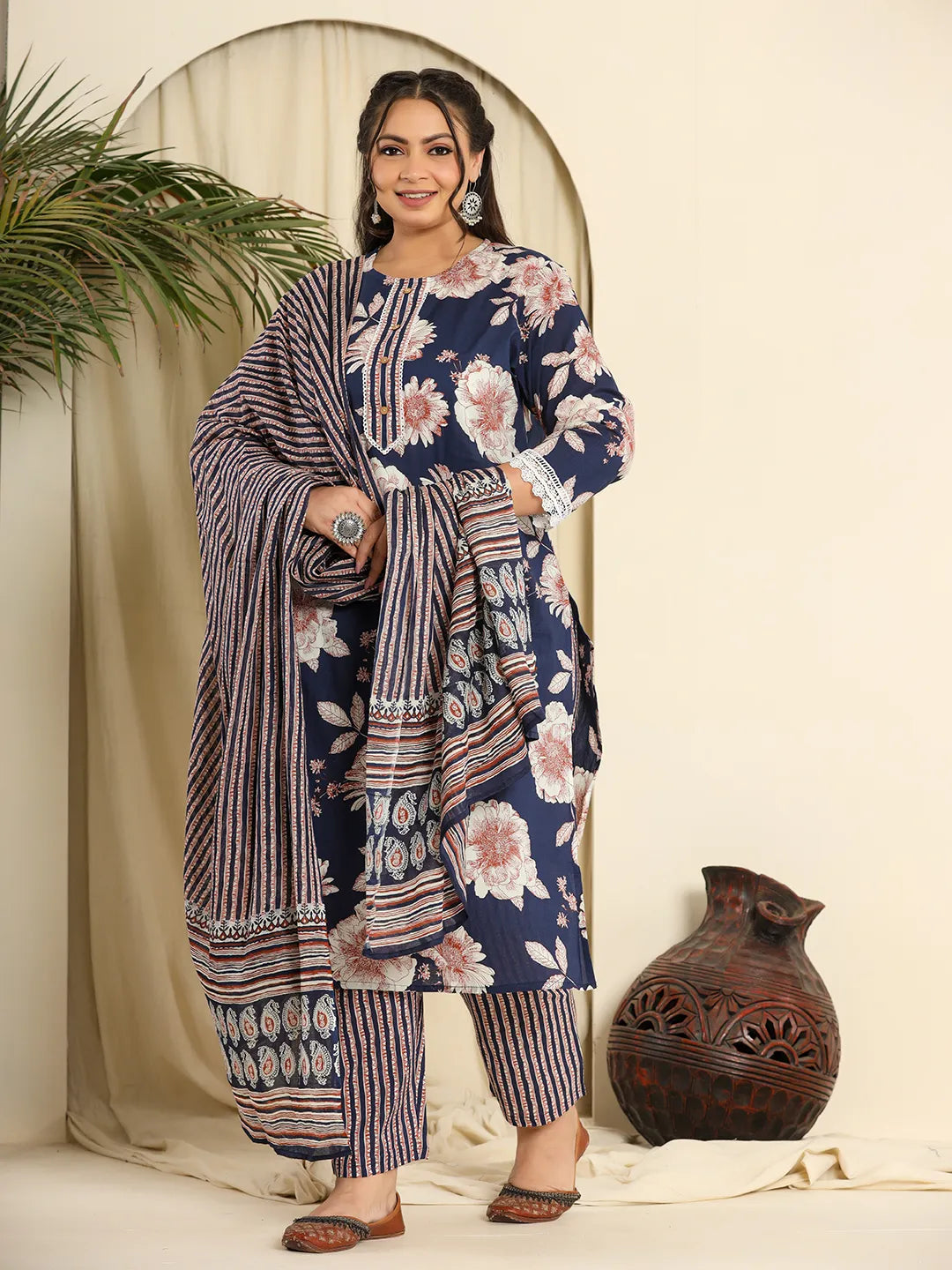 Yufta Navy Blue Pure Cotton Kurta Dupatta Pant Set With Handwork - Distacart